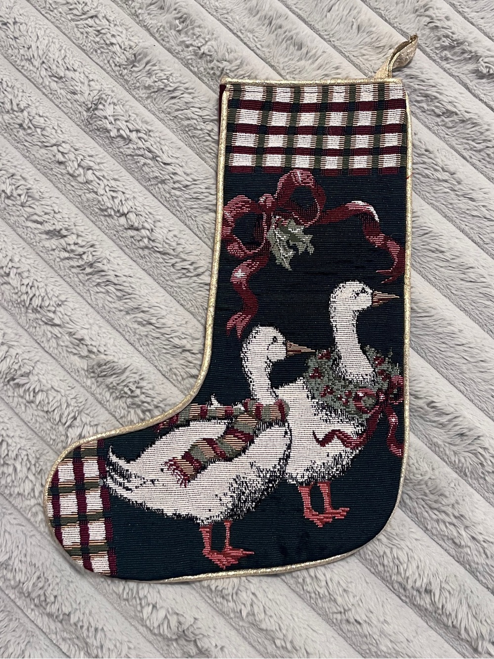 Christmas Stocking Geese Vintage Tapestry Plaid Cottagecore Grandmacore EUC
